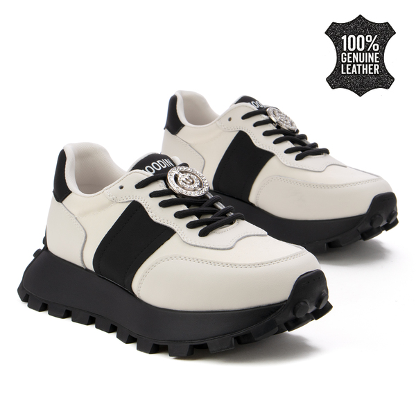 Дамски маратонки от естествена кожа – елегантна визия, висококачествена изработка и стилен декоративен завършек XF112 beige/black