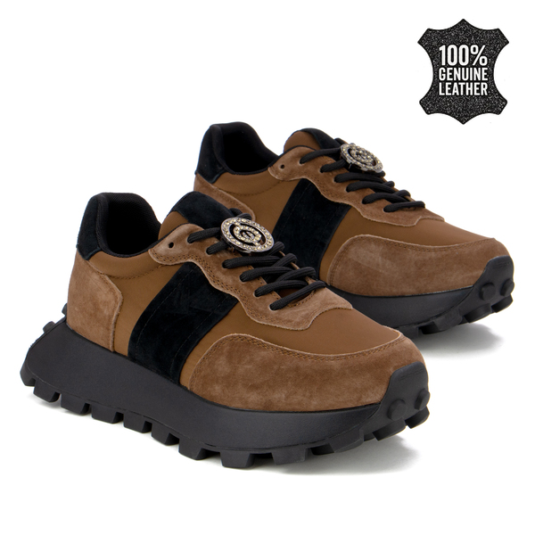 Дамски маратонки от естествен велур – елегантна визия, висококачествена изработка и стилен декоративен завършек XF112 brown/black