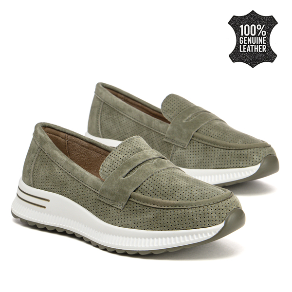 Дамски спортно-ежедневни мокасини от естествена кожа – практично решение с удобна вътрешност и устойчива подметка за дълги разходки DP6750 green