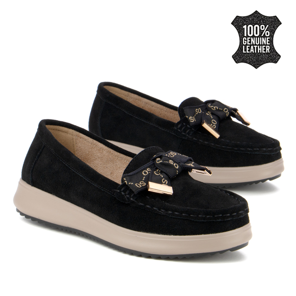 Дамски мокасини от естествена кожа – елегантна панделка и удобна подметка за стил и комфорт през целия ден DP6457 black SU