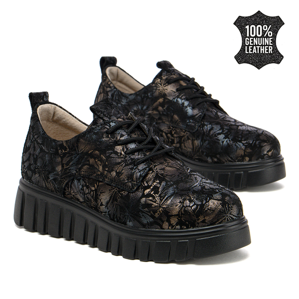 Стилни дамски обувки от естествена кожа – флорален ефект и мека подметка за изискано излъчване и лекота при ходене DP6846 black FL