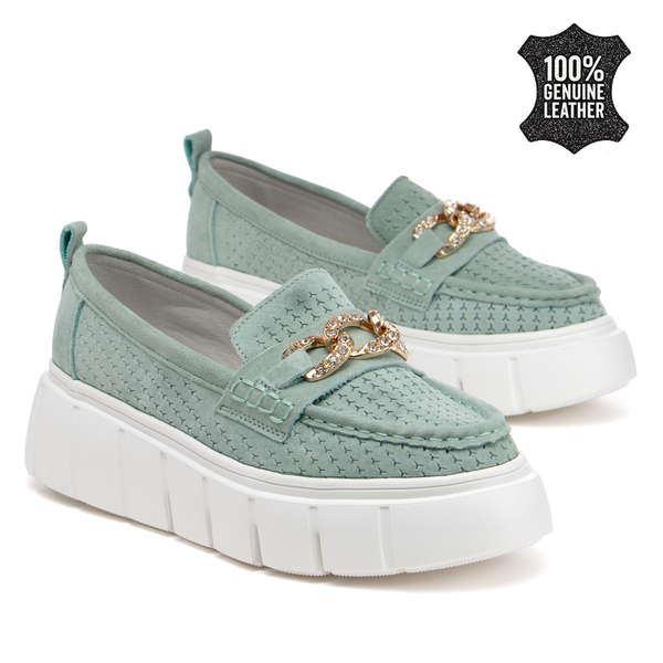 Дамски мокасини от естествен велур – стилен модел с декоративен метален акцент и дебела подметка за модерно ежедневие FT127 mint