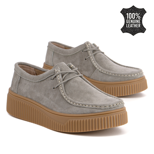 Дамски обувки тип мокасини от естествен велур – практичен модел с връзки и комфортна дебела подметка за всеки ден DP7500 khaki