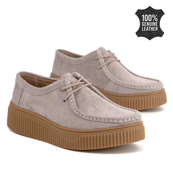 Дамски обувки тип мокасини от естествен велур – практичен модел с връзки и комфортна дебела подметка за всеки ден DP7500 beige