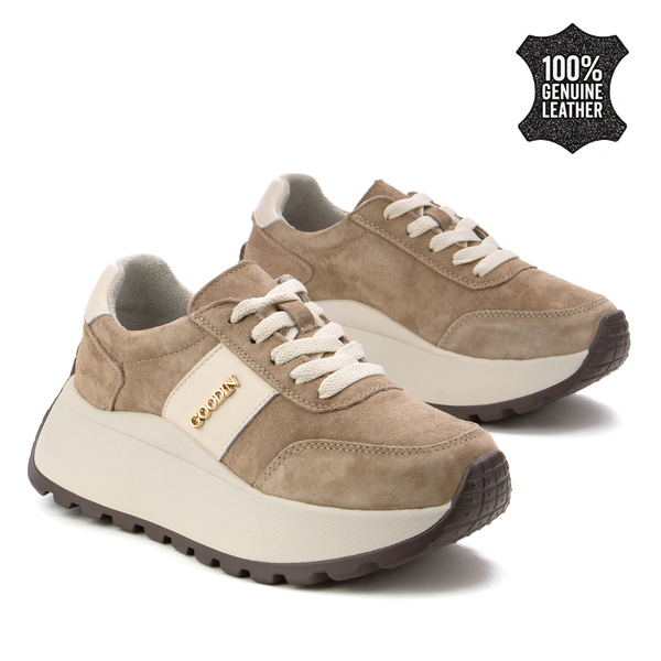 Дамски маратонки от естествена кожа – висока подметка за удобство, сигурна стабилност и модерен акцент за динамично ежедневие GD124 beige