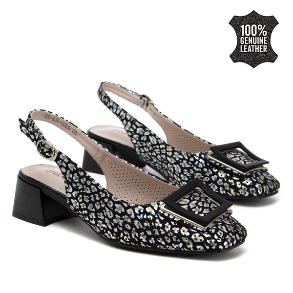 Дамски обувки от естествена кожа с отворена пета – модерна визия с изразителен декоративен акцент и стабилен ток за елегантно присъствие LH2029 black