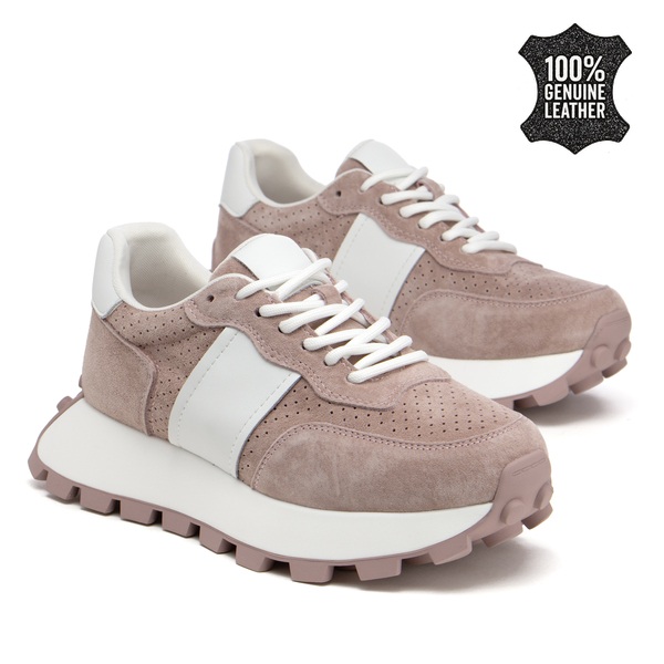 Дамски маратонки от естествена кожа – премиум модел с стабилна подметка, перфорирана текстура и модерно излъчване за актуална спортно-елегантна визия XF241 pink