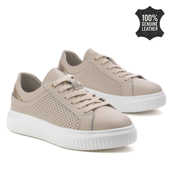 Дамски кецове от естествена кожа – елегантен модел с дебела подметка и прецизна изработка за стилно и стабилно ежедневие XF175 beige