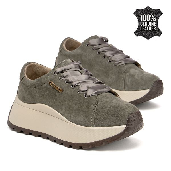 Дамски маратонки от естествена кожа – висока подметка за удобство, сигурна стабилност и модерен акцент за динамично ежедневие GD140 khaki