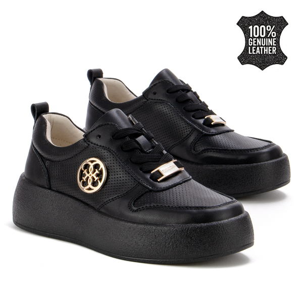 Дамски кецове от естествена кожа – премиум модел с дебела подметка, златен акцент и елегантно излъчване за модерна женствена визия XW1020 black