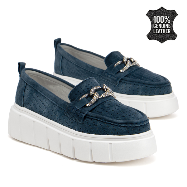Дамски мокасини от естествен велур – стилен модел с декоративен метален акцент и дебела подметка за модерно ежедневие FT127 navy