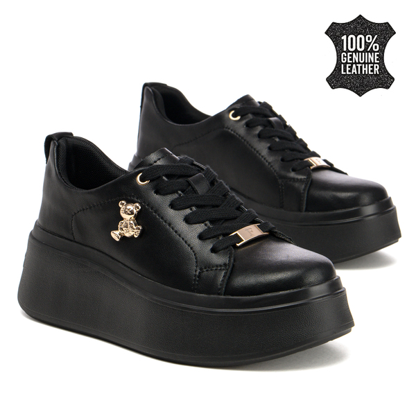 Дамски кецове от естествена кожа – дебела подметка и златен детайл за комфорт и елегантен завършек  DP6246 black