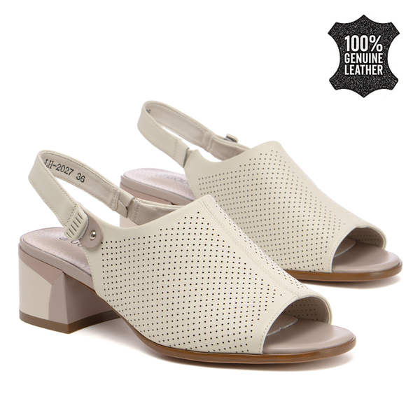 Дамски сандали от естествена кожа – модерна линия с нежни перфорации, среден ток и комфортно усещане при динамично ежедневие LH2027 beige