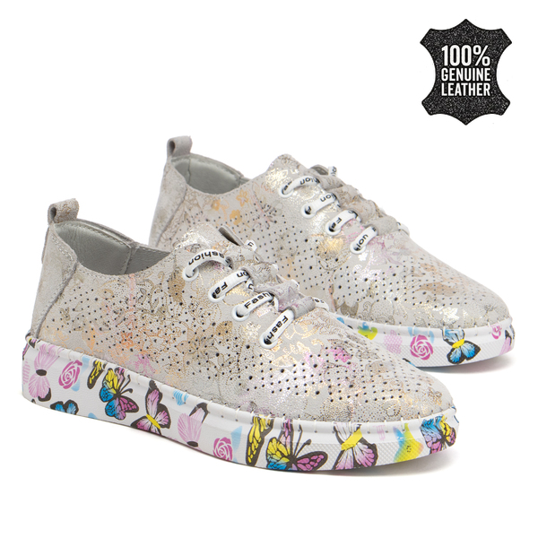 Дамски кецове от естествена кожа – стилен модел с фина перфорация и декоративна подметка с пъстър принт пеперуди за елегантно ежедневно присъствие FT134 color