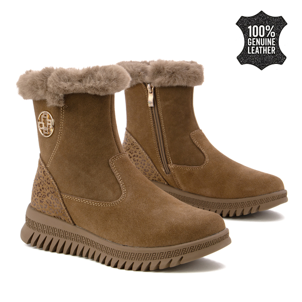 Дамски боти от естествен велур – удобен зимен модел с пухкав завършек, леки материали и стабилна подметка за комфортно носене в студените дни DBT7271 brown