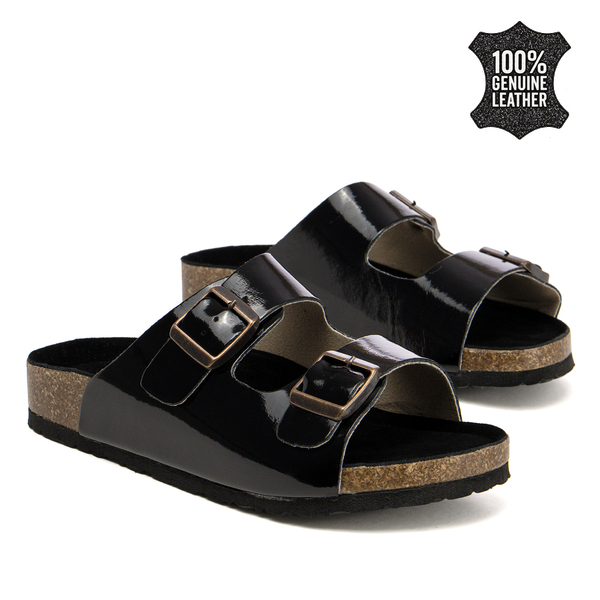 Дамски чехли от естествена кожа – комфорт при всяка крачка с две каишки и модерно излъчване за различни ежедневни комбинации HF1002 black