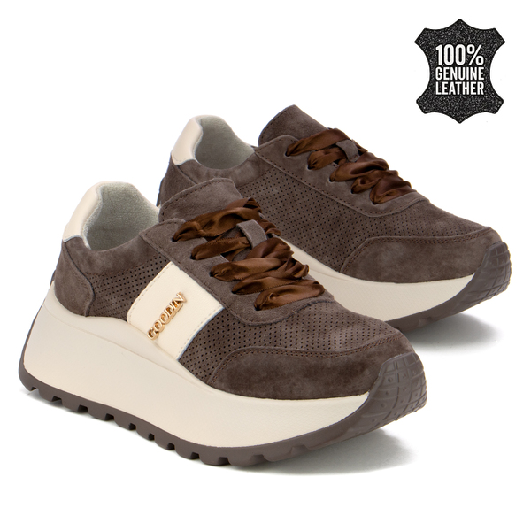 Дамски маратонки от естествена кожа – висока подметка за удобство, сигурна стабилност и модерен акцент за динамично ежедневие GD124A coffee