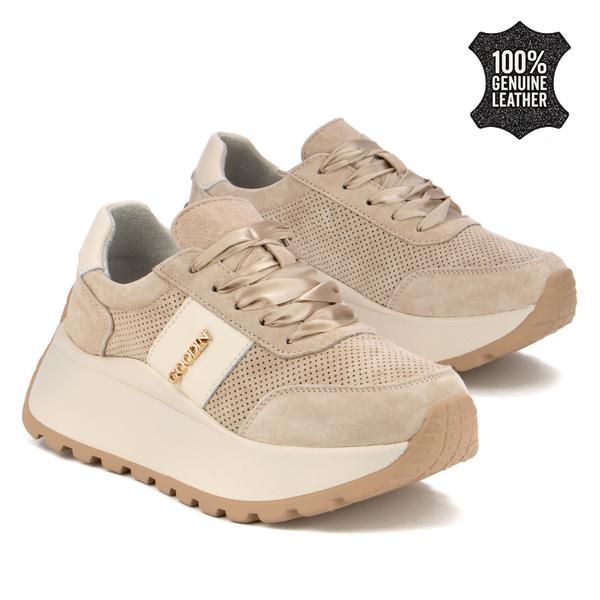 Дамски маратонки от естествена кожа – висока подметка за удобство, сигурна стабилност и модерен акцент за динамично ежедневие GD124A beige