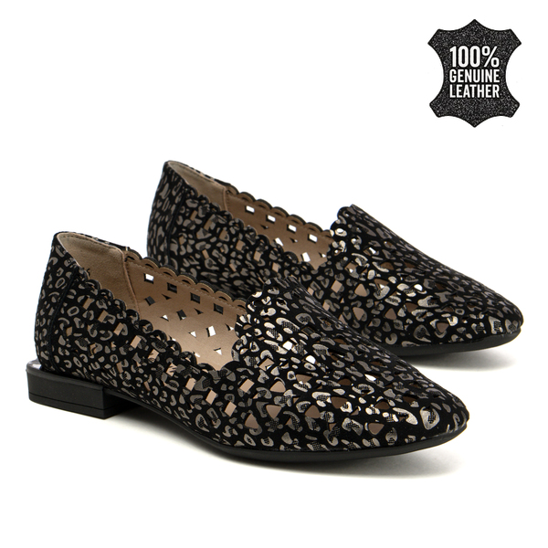 Дамски обувки от естествена кожа – стилен модел с декоративна лазерна перфорация, нисък ток и удобна форма DP7710 black