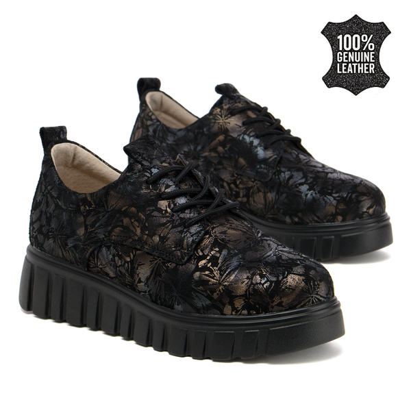 Стилни дамски обувки от естествена кожа – флорален ефект и мека подметка за изискано излъчване и лекота при ходене DP6846 black FL