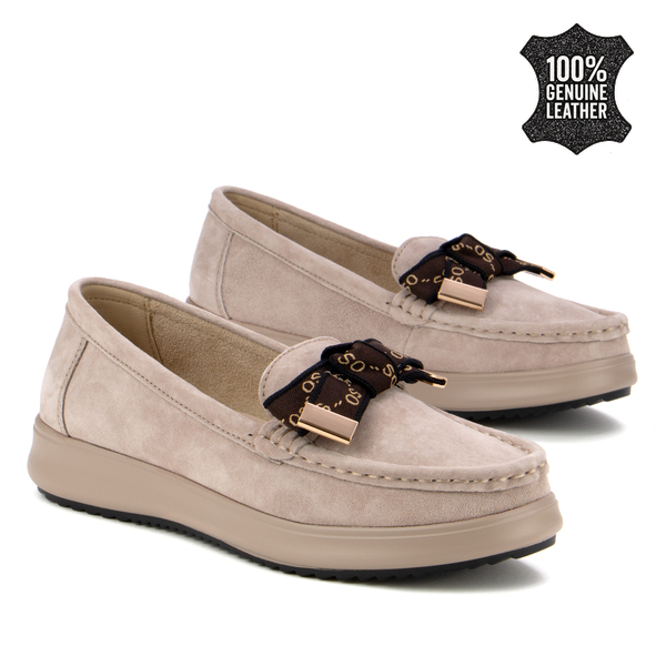 Дамски мокасини от естествена кожа – елегантна панделка и удобна подметка за стил и комфорт през целия ден DP6457 beige