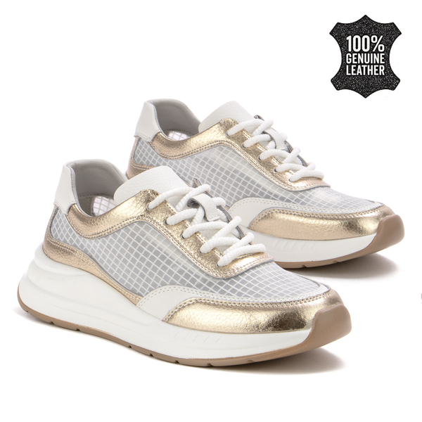 Дамски маратонки от естествена кожа – перфектна комбинация от удобство, издръжливост и модерен спортен дизайн XF189 white/gold