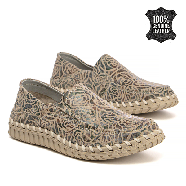 Дамски мокасини от естествена кожа – удобни за ежедневно носене с гъвкава подметка и ефектен десен за модерна визия DP7691 beige MLT