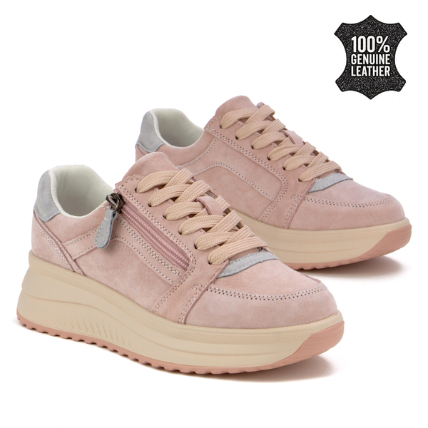 Дамски маратонки от естествен велур – актуален ежедневен модел с дебела подметка, удобна форма и свежа визия, създадени за движение и комфорт XF229 pink