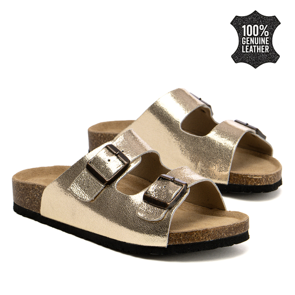 Дамски чехли от естествена кожа – комфорт при всяка крачка с две каишки и модерно излъчване за различни ежедневни комбинации HF1002 gold