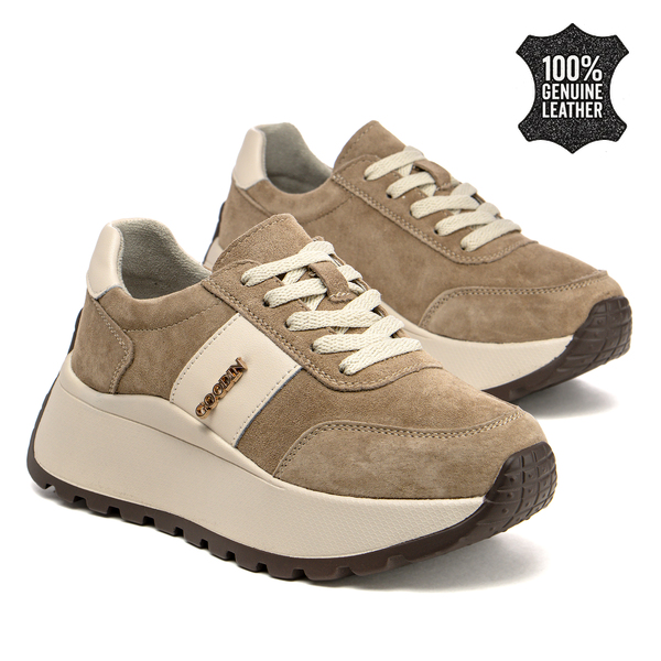 Дамски маратонки от естествена кожа – висока подметка за удобство, сигурна стабилност и модерен акцент за динамично ежедневие GD124 beige