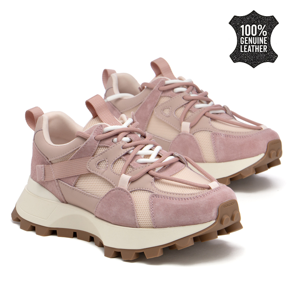 Дамски маратонки от естествена кожа – отличителен модел с релефна спортна подметка и контрастни детайли за модерна динамична визия XF233 pink