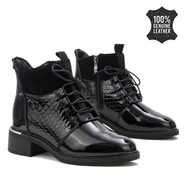 Дамски боти от естествена кожа – премиум визия с лакиран ефект, прецизна изработка и мека вътрешна част за максимално удобство DBT7274 black