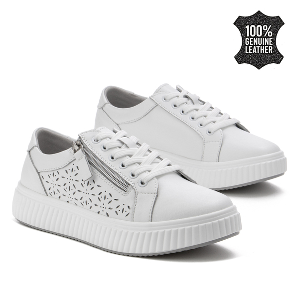 Дамски кецове от естествена кожа – елегантен модел с удобен страничен цип, стабилна подметка и изискано усещане при всяка стъпка LX1033 white