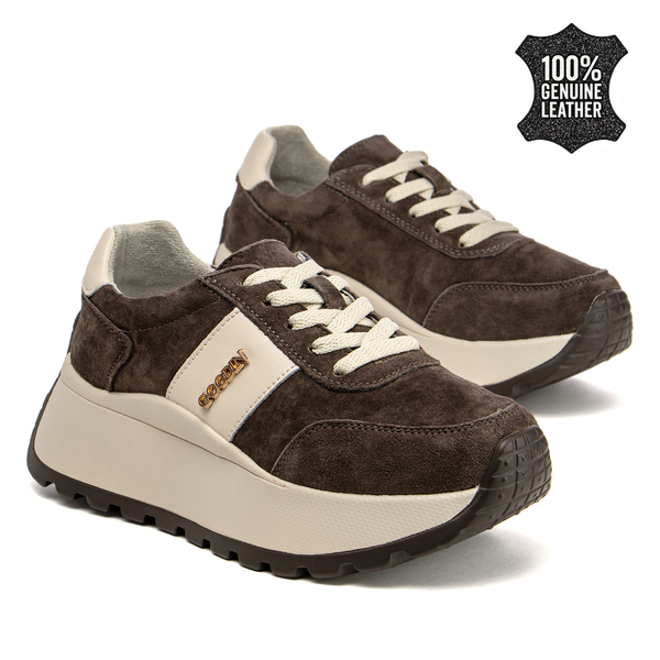 Дамски маратонки от естествена кожа – висока подметка за удобство, сигурна стабилност и модерен акцент за динамично ежедневие GD124 coffee