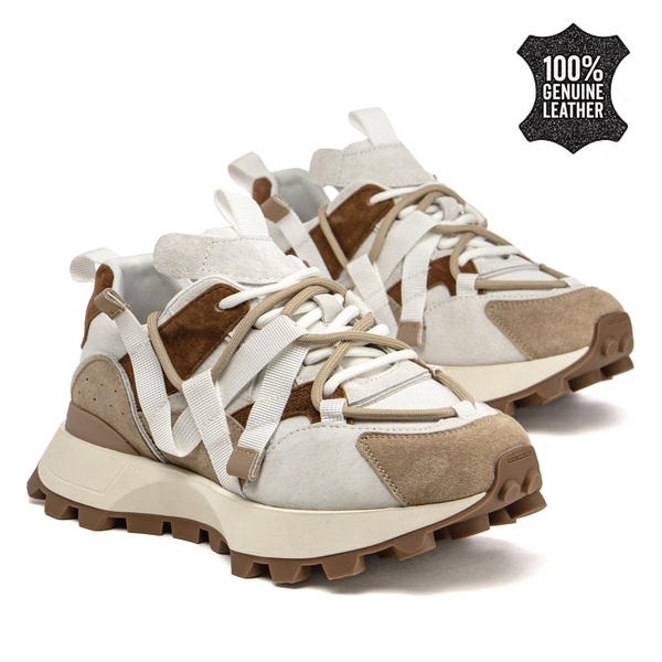 Дамски маратонки от естествена кожа – отличителен модел с релефна спортна подметка и контрастни детайли за модерна динамична визия XF234 brown/wht