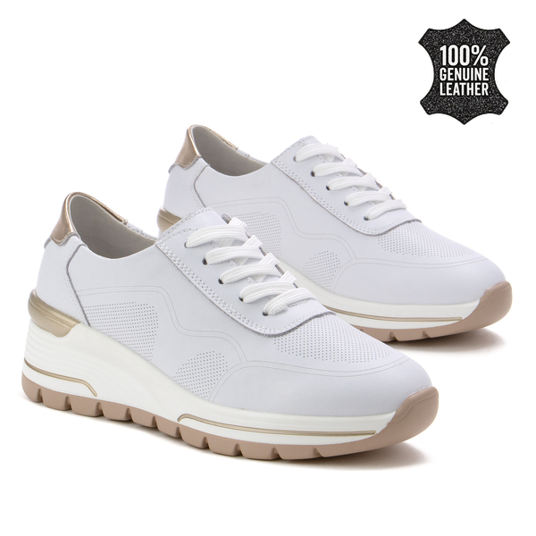 Дамски маратонки от естествена кожа – елегантни на ниска платформа олекотени с прецизна изработка и комфорт при продължително носене XF185 white