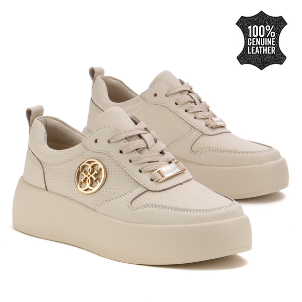 Дамски кецове от естествена кожа – премиум модел с дебела подметка, златен акцент и елегантно излъчване за модерна женствена визия XW1020 beige