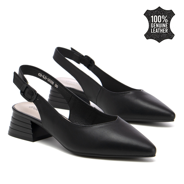 Дамски обувки от естествена кожа с отворена пета – елегантна визия със заострен връх и стабилен ток с отличителна форма LH2028 black
