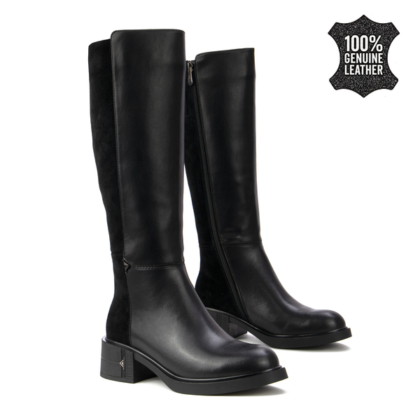 Дамски ботуши от естествена кожа и естествен велур – елегантно оформен модел с комфортна височина и прецизни детайли, създаден за впечатляващо излъчване DKZ7233 black